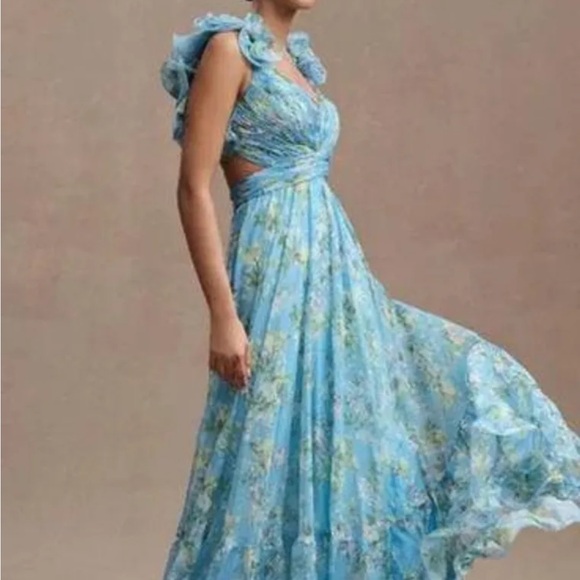 Mac Duggal Ruffle Tiered Floral Cut-out Chiffon Blue floral gown size 12 stunner - Picture 2 of 15